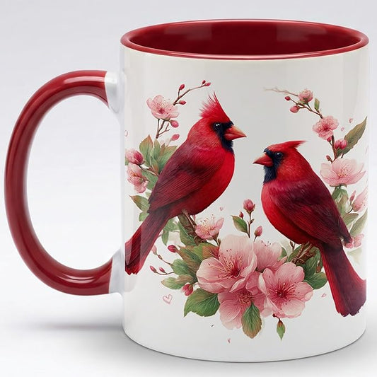 Farmhouse Spring Floral Red Cardinal Bird Couple Ceramic Mug 11oz with Romantic Cardinal Pair and Pink Blossom Illustration, Nature Wildlife Art Coffee Cup, Gift for Couples and Bird Lovers