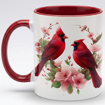 Farmhouse Spring Floral Red Cardinal Bird Couple Ceramic Mug 11oz with Romantic Cardinal Pair and Pink Blossom Illustration, Nature Wildlife Art Coffee Cup, Gift for Couples and Bird Lovers