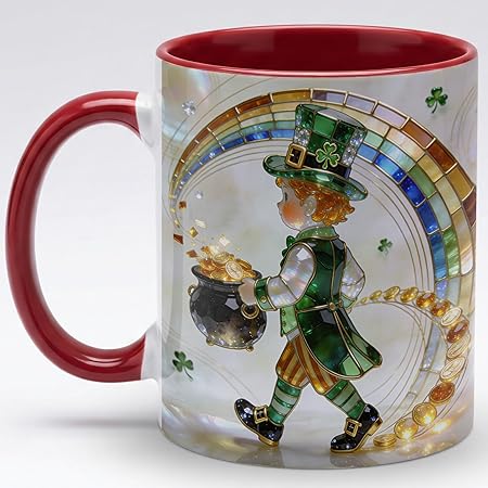 Stained Glass Leprechaun Ceramic Mug - Rainbow Shamrock Irish Art Coffee Cup, Faux 3D Jewel Tone Design Mug, St Patrick's Day Lucky Gift for Mom Dad Friends Family Home Office