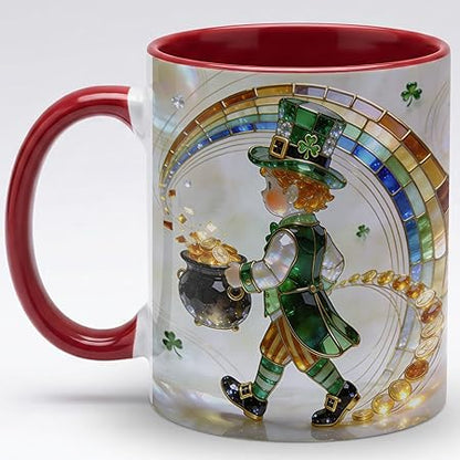 Stained Glass Leprechaun Ceramic Mug - Rainbow Shamrock Irish Art Coffee Cup, Faux 3D Jewel Tone Design Mug, St Patrick's Day Lucky Gift for Mom Dad Friends Family Home Office