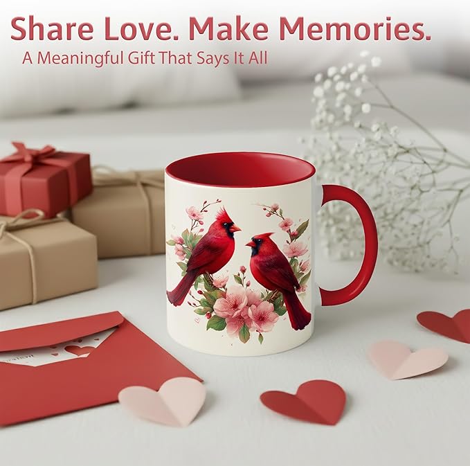 Farmhouse Spring Floral Red Cardinal Bird Couple Ceramic Mug 11oz with Romantic Cardinal Pair and Pink Blossom Illustration, Nature Wildlife Art Coffee Cup, Gift for Couples and Bird Lovers