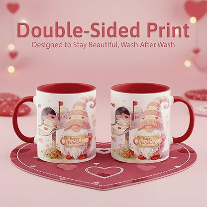 Valentine Gnome Ceramic Mug with Love Letters Mailbox Scene, Whimsical Coffee Cup Showing Romantic Mail Delivery Artwork, Cute Valentine Gift Mug for Her, Him, Wife, Husband or Couples