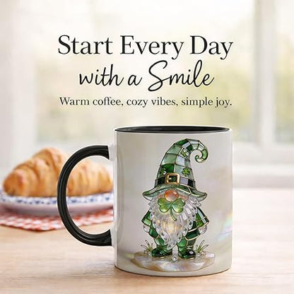 Stained Glass Leprechaun Gnome Ceramic Mug - Shamrock Irish Art Coffee Cup, Faux 3D Jewel Tone Design Mug, St Patrick's Day Lucky Gift for Mom Dad Friends Family Home Office Decor