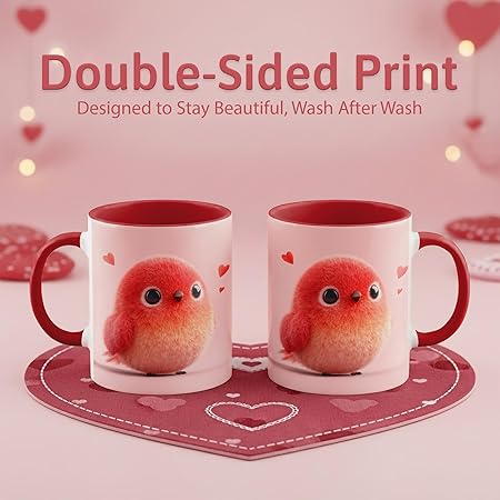Cute Plush Baby Bird Ceramic Mug 11oz, Adorable Red Chick Illustration Coffee Cup with Soft Pink Background, Cozy Drinkware for Daily Use, Sweet Decorative Mug, Heartwarming Gift for Kids