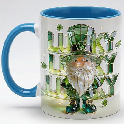 Lucky Lucky Lucky Irish Gnome Ceramic Mug - Stained Glass Leprechaun Coffee Cup with Shamrock, Faux 3D Green Jewel Artwork Mug, Cute Lucky Gift for Home Office Friends