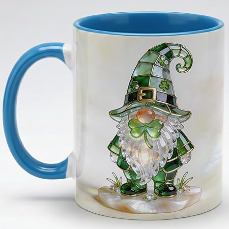 Stained Glass Leprechaun Gnome Ceramic Mug - Shamrock Irish Art Coffee Cup, Faux 3D Jewel Tone Design Mug, St Patrick's Day Lucky Gift for Mom Dad Friends Family Home Office Decor