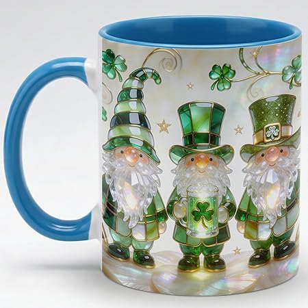 Stained Glass Leprechaun Gnome Ceramic Mug - Shamrock Beer Irish Art Coffee Cup, Faux 3D Jewel Tone Design Mug, St Patrick's Day Lucky Gift for Mom Dad Friends Family Home Office Décor
