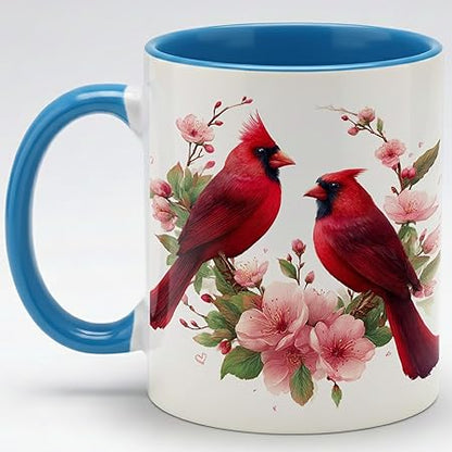 Farmhouse Spring Floral Red Cardinal Bird Couple Ceramic Mug 11oz with Romantic Cardinal Pair and Pink Blossom Illustration, Nature Wildlife Art Coffee Cup, Gift for Couples and Bird Lovers
