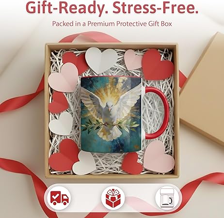 Heavenly White Dove Art Ceramic Mug 11oz, Peace Symbol Coffee Cup with Radiant Wings Illustration, Spiritual Faith Gift Mug for Daily Coffee, Home Decor Accent, Present for Believers