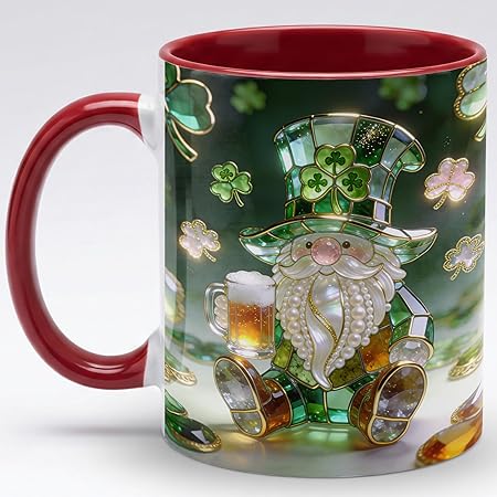 Luxury Stained Glass Gnome Ceramic Mug, Green Shamrock Jewel Tone Art Coffee Cup, Cute Irish Beer Gnome Gift Mug, Botanical Window Design, Meaningful Present for Gnome Lovers, Friends, Her