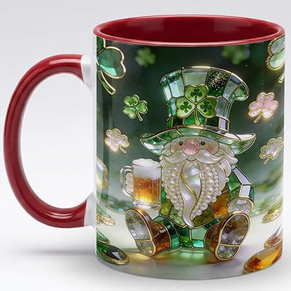 Luxury Stained Glass Gnome Ceramic Mug, Green Shamrock Jewel Tone Art Coffee Cup, Cute Irish Beer Gnome Gift Mug, Botanical Window Design, Meaningful Present for Gnome Lovers, Friends, Her