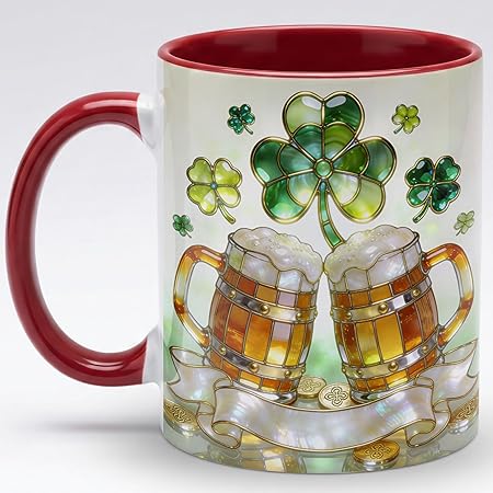 St Patrick's Day Shamrock Beer Mug Artwork Ceramic Coffee Cup, Irish Lucky Clover Design, Green Holiday Stained Glass Style Mug, Festive Gift for Men Women Friends Coworkers
