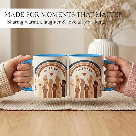 All Belong Ceramic Mug - Inspirational Unity Coffee Cup with Raised Hands Artwork, Daily Positivity Drinkware, Meaningful Gift for Teachers Friends Family