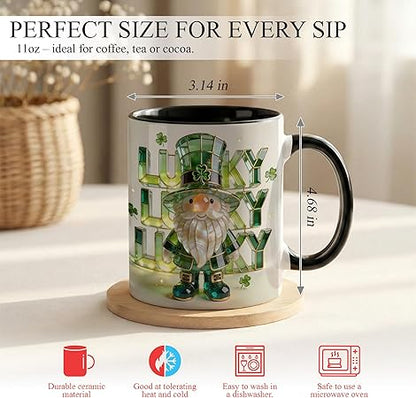 Lucky Lucky Lucky Irish Gnome Ceramic Mug - Stained Glass Leprechaun Coffee Cup with Shamrock, Faux 3D Green Jewel Artwork Mug, Cute Lucky Gift for Home Office Friends