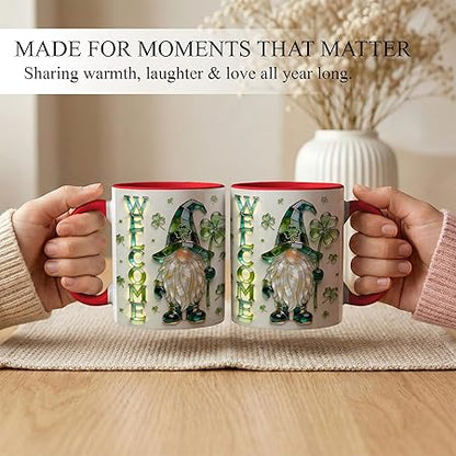 Welcome St. Patrick's Day Gnome Shamrock Ceramic Coffee Mug, Irish Lucky Clover Stained Glass Style Design, Festive Green Holiday Gift for Men Women Friends Coworkers