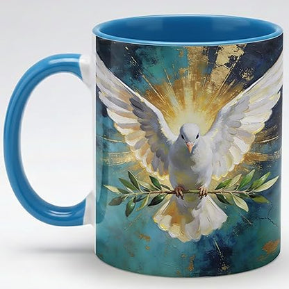 Heavenly White Dove Art Ceramic Mug 11oz, Peace Symbol Coffee Cup with Radiant Wings Illustration, Spiritual Faith Gift Mug for Daily Coffee, Home Decor Accent, Present for Believers