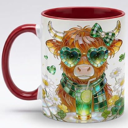 Stained Glass Highland Cow Ceramic Mug - Shamrock Irish Art Coffee Cup, Faux 3D Jewel Tone Design Mug, St Patrick's Day Lucky Gift for Mom Dad Friends Family Home Office Décor