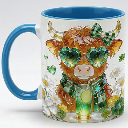 Stained Glass Highland Cow Ceramic Mug - Shamrock Irish Art Coffee Cup, Faux 3D Jewel Tone Design Mug, St Patrick's Day Lucky Gift for Mom Dad Friends Family Home Office Décor