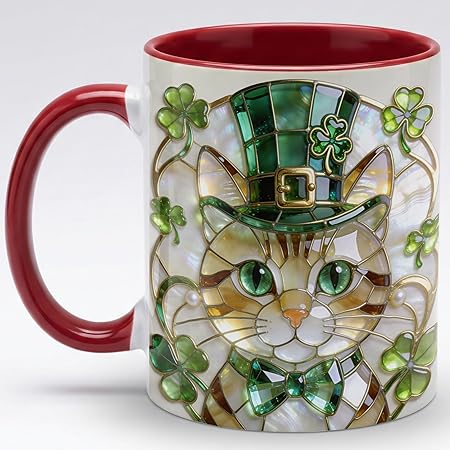Lucky Stained Glass Irish Cat Ceramic Mug - Shamrock Leprechaun Kitty Coffee Cup, Faux 3D Jewel Tone Artwork Mug, Cute Irish Decor Gift for Mom Dad Friends Family Home Office