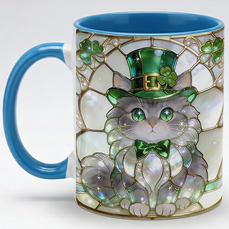 Stained Glass Lucky Cat Ceramic Mug - Green Jewel Tone Kitty Coffee Cup with Clover Bow Artwork, Cute Animal Mug for Coffee Tea, Unique Gift for Cat Lovers Home Office Décor