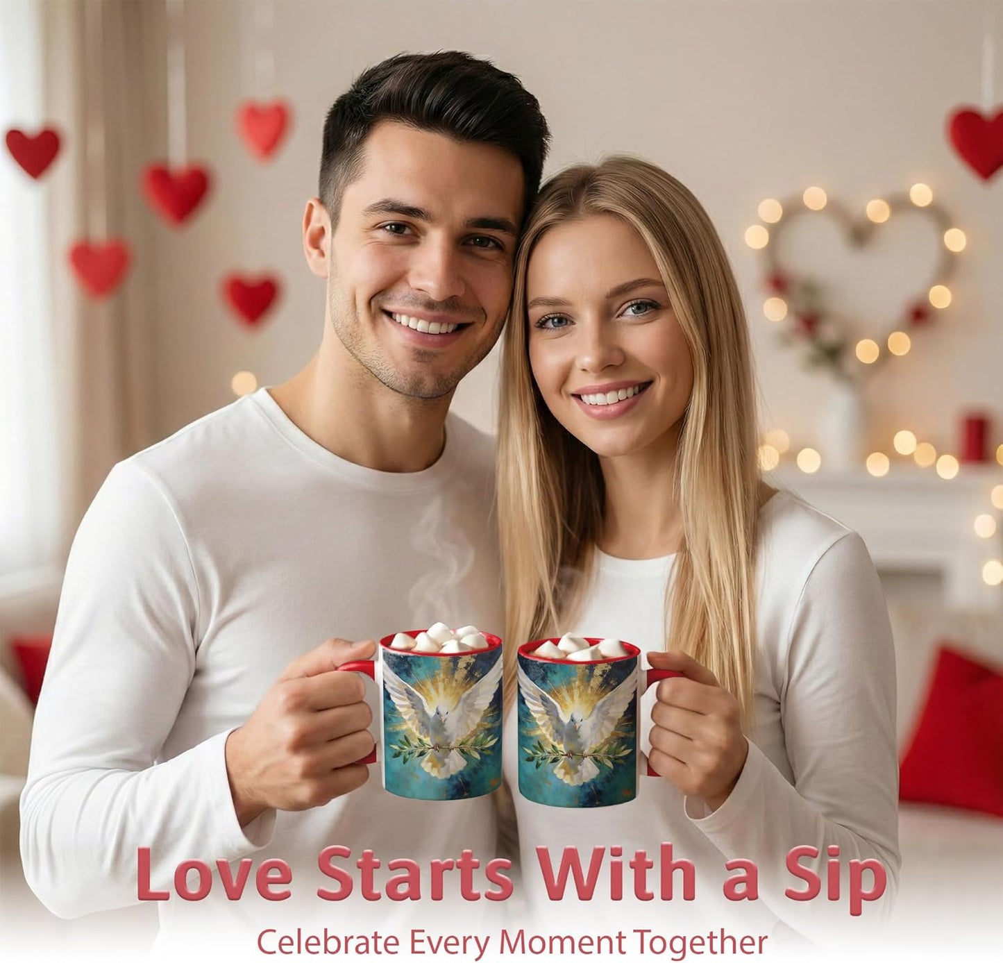 Heavenly White Dove Art Ceramic Mug 11oz, Peace Symbol Coffee Cup with Radiant Wings Illustration, Spiritual Faith Gift Mug for Daily Coffee, Home Decor Accent, Present for Believers