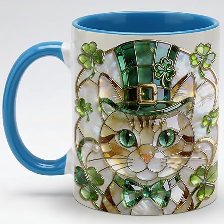 Lucky Stained Glass Irish Cat Ceramic Mug - Shamrock Leprechaun Kitty Coffee Cup, Faux 3D Jewel Tone Artwork Mug, Cute Irish Decor Gift for Mom Dad Friends Family Home Office