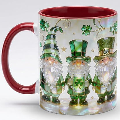 Stained Glass Leprechaun Gnome Ceramic Mug - Shamrock Beer Irish Art Coffee Cup, Faux 3D Jewel Tone Design Mug, St Patrick's Day Lucky Gift for Mom Dad Friends Family Home Office Décor