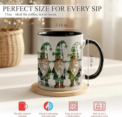 St Patrick's Day Gnome Coffee Mug with Shamrock, Irish Leprechaun Gnomes Ceramic Cup, Green Lucky Holiday Design, Luxury Stained Glass Style Gift for Men Women Friends Coworkers