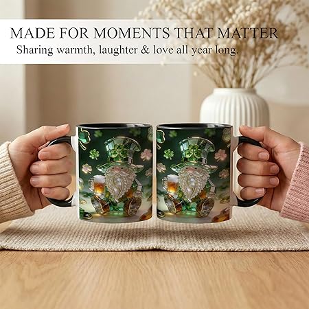 Luxury Stained Glass Gnome Ceramic Mug, Green Shamrock Jewel Tone Art Coffee Cup, Cute Irish Beer Gnome Gift Mug, Botanical Window Design, Meaningful Present for Gnome Lovers, Friends, Her