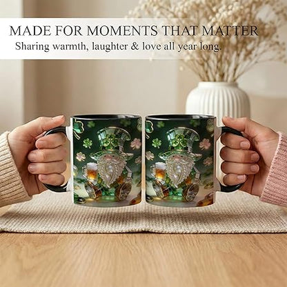 Luxury Stained Glass Gnome Ceramic Mug, Green Shamrock Jewel Tone Art Coffee Cup, Cute Irish Beer Gnome Gift Mug, Botanical Window Design, Meaningful Present for Gnome Lovers, Friends, Her