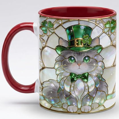 Stained Glass Lucky Cat Ceramic Mug - Green Jewel Tone Kitty Coffee Cup with Clover Bow Artwork, Cute Animal Mug for Coffee Tea, Unique Gift for Cat Lovers Home Office Décor