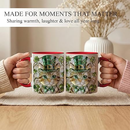 Lucky Stained Glass Irish Cat Ceramic Mug - Shamrock Leprechaun Kitty Coffee Cup, Faux 3D Jewel Tone Artwork Mug, Cute Irish Decor Gift for Mom Dad Friends Family Home Office