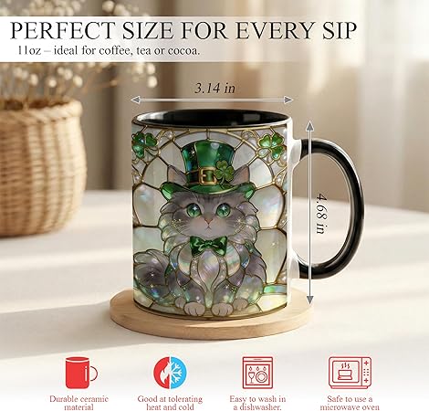 Stained Glass Lucky Cat Ceramic Mug - Green Jewel Tone Kitty Coffee Cup with Clover Bow Artwork, Cute Animal Mug for Coffee Tea, Unique Gift for Cat Lovers Home Office Décor