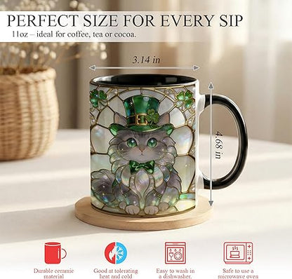 Stained Glass Lucky Cat Ceramic Mug - Green Jewel Tone Kitty Coffee Cup with Clover Bow Artwork, Cute Animal Mug for Coffee Tea, Unique Gift for Cat Lovers Home Office Décor