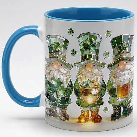 St Patrick's Day Gnome Coffee Mug with Shamrock and Pot of Gold, Irish Holiday Ceramic Cup, Cute Leprechaun Gnomes Design, Luxury Stained Glass Art Gift for Men Women Friends