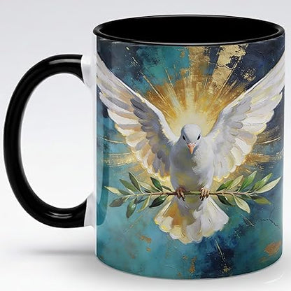 Heavenly White Dove Art Ceramic Mug 11oz, Peace Symbol Coffee Cup with Radiant Wings Illustration, Spiritual Faith Gift Mug for Daily Coffee, Home Decor Accent, Present for Believers