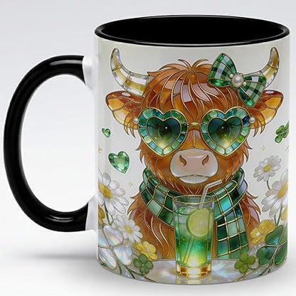 Stained Glass Highland Cow Ceramic Mug - Shamrock Irish Art Coffee Cup, Faux 3D Jewel Tone Design Mug, St Patrick's Day Lucky Gift for Mom Dad Friends Family Home Office Décor