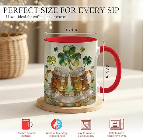 St Patrick's Day Shamrock Beer Mug Artwork Ceramic Coffee Cup, Irish Lucky Clover Design, Green Holiday Stained Glass Style Mug, Festive Gift for Men Women Friends Coworkers