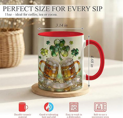 St Patrick's Day Shamrock Beer Mug Artwork Ceramic Coffee Cup, Irish Lucky Clover Design, Green Holiday Stained Glass Style Mug, Festive Gift for Men Women Friends Coworkers
