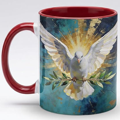 Heavenly White Dove Art Ceramic Mug 11oz, Peace Symbol Coffee Cup with Radiant Wings Illustration, Spiritual Faith Gift Mug for Daily Coffee, Home Decor Accent, Present for Believers