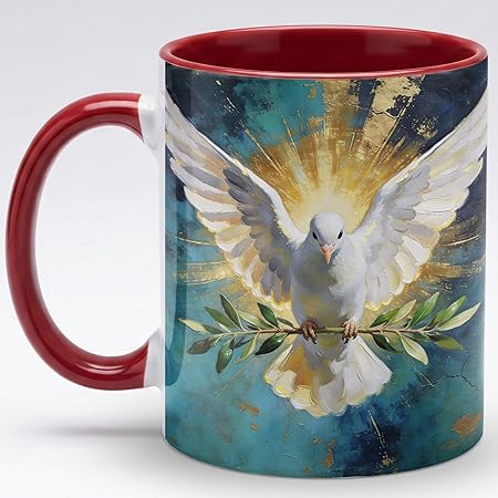 Heavenly White Dove Art Ceramic Mug 11oz, Peace Symbol Coffee Cup with Radiant Wings Illustration, Spiritual Faith Gift Mug for Daily Coffee, Home Decor Accent, Present for Believers