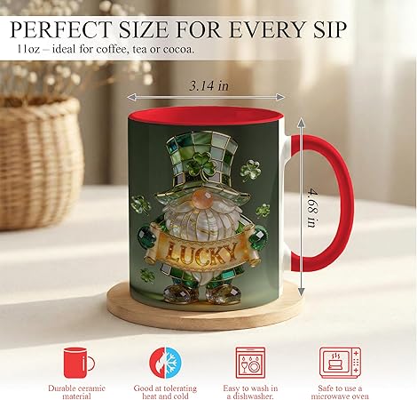 Lucky Gnome Ceramic Mug - Shamrock Top Hat Gnome Coffee Cup with Faux Stained Glass Emerald Artwork, “Luckyâ€ Banner Design, Whimsical Clover Gift for Friends, Cozy Home Office Décor