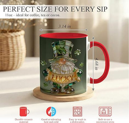 Lucky Gnome Ceramic Mug - Shamrock Top Hat Gnome Coffee Cup with Faux Stained Glass Emerald Artwork, “Luckyâ€ Banner Design, Whimsical Clover Gift for Friends, Cozy Home Office Décor