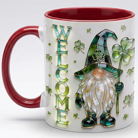 Welcome St. Patrick's Day Gnome Shamrock Ceramic Coffee Mug, Irish Lucky Clover Stained Glass Style Design, Festive Green Holiday Gift for Men Women Friends Coworkers