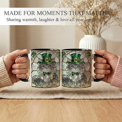 Stained Glass Lucky Cat Ceramic Mug - Green Jewel Tone Kitty Coffee Cup with Clover Bow Artwork, Cute Animal Mug for Coffee Tea, Unique Gift for Cat Lovers Home Office Décor