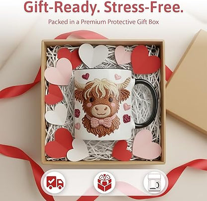Cute Highland Cow Valentine Embroidery Design Ceramic Mug, Kawaii Plush Farm Animal Coffee Cup, Romantic Valentine Gift Mug, Soft Yarn Art Style, Cow Mug for Couples, Girlfriend, Wife