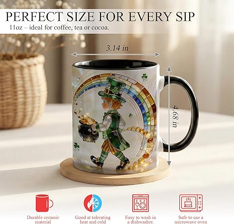 Stained Glass Leprechaun Ceramic Mug - Rainbow Shamrock Irish Art Coffee Cup, Faux 3D Jewel Tone Design Mug, St Patrick's Day Lucky Gift for Mom Dad Friends Family Home Office