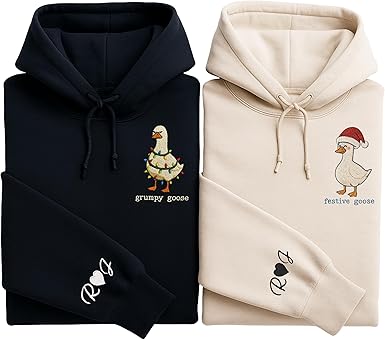 Funny Goose Custom Couple Sweatshirts Matching Set, Personalized Hoodies For Couples, Customized Crewneck Graphic Sweatshirts Gifts For Boyfriend Or Best Girlfriend Presents Black