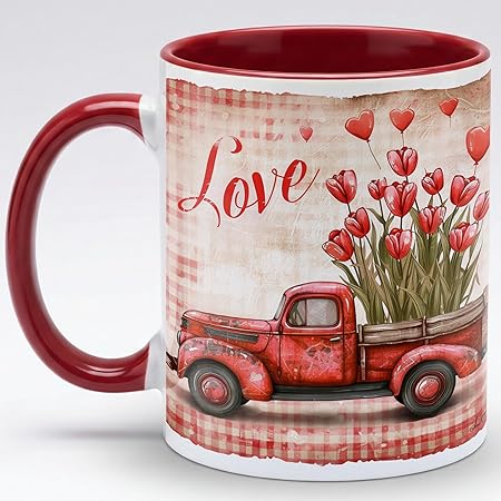 Farmhouse Vintage Love Ceramic Mug with Red Truck and Tulip Bouquet, Rustic Country Valentine Coffee Cup, Romantic Floral Artwork Mug for Valentine's Day, Wedding