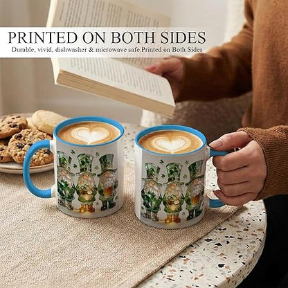 St Patrick's Day Gnome Coffee Mug with Shamrock and Pot of Gold, Irish Holiday Ceramic Cup, Cute Leprechaun Gnomes Design, Luxury Stained Glass Art Gift for Men Women Friends